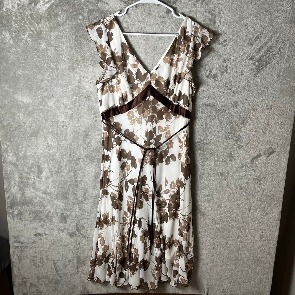 Vintage Y2K Earthy Brown Floral Bohemian Midi Dress Tie Waist Large